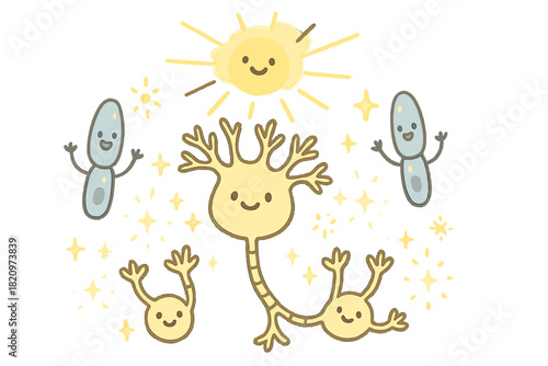 Joyful Neural Light Show. Cute doodle light-controlled neuron illustration with happy axons and dendrites, cartoon photoreceptors