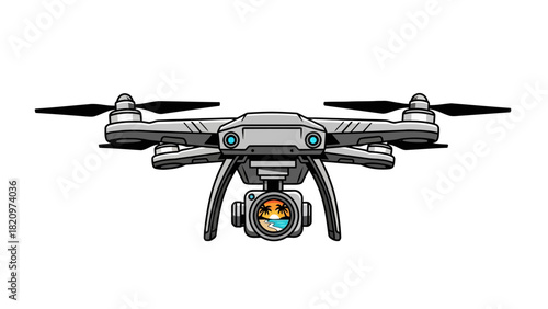 A grey drone with four propellers and a camera showing a beach sunset