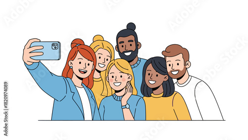 A group of diverse friends take a selfie with a smartphone