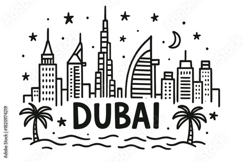 Drawing of a city skyline with the word Dubai written in the middle