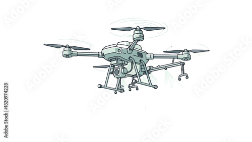 A light grey drone with four rotors hovers in midair