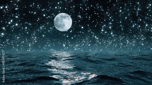 Moonlit ocean under a star-studded night sky.