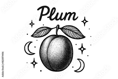 Black and white drawing of a peach with the word plum written above it