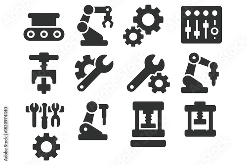 Manufacturing Tools Icons. Solid style icons of Manufacturing tools: conveyor belt, robotic arm, gear system, assembly tool,