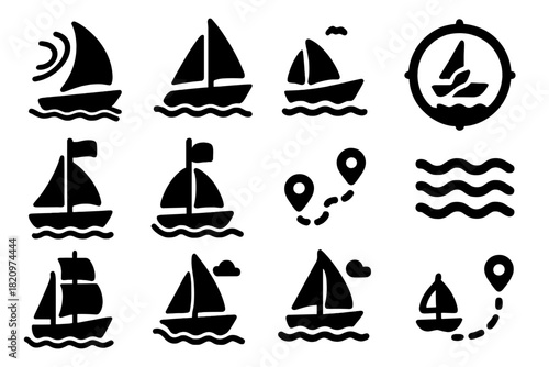 Sailing Icon Set. Solid style icons of sailing and marine travel: sail with wind, yacht on waves, open sea voyage, compass with