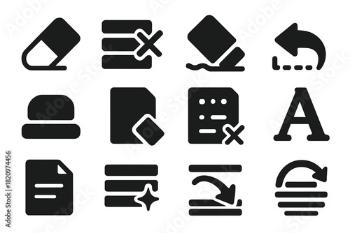 Erase and Clear Icons. Solid style icons of erasing and clearing: eraser icon, clear all symbol, wipe icon, undo erase, chalkboard