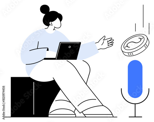 Woman seated with a laptop, gesturing as a coin moves toward a voice assistant microphone. Ideal for technology, innovation, finance, communication, AI, decision-making digital interaction. Simple