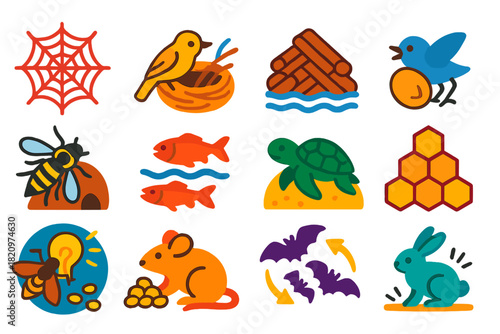 Instinctive Behavior Icons. Flat vector icons of instinctive behaviors: spider web, bird nest building, beaver dam, cuckoo chick