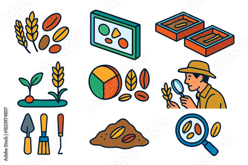 Archaeobotany Tools & Icons. Isometric vector illustration set Archaeobotany analysis: ancient grains and seeds, phytolith slides,