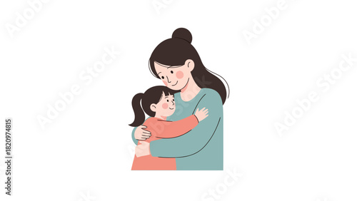 A mother hugs her daughter both with rosy cheeks