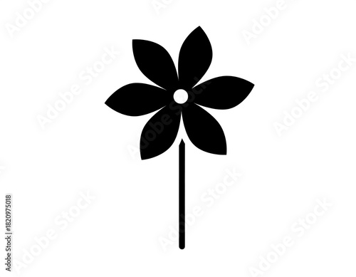 A simplified black flower with six petals and a stem, on a bright white background