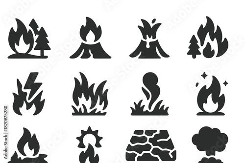Fire and Nature Icons. Solid style icons of Fire and nature: wildfire, volcanic flame, lava burst, forest fire, lightning strike