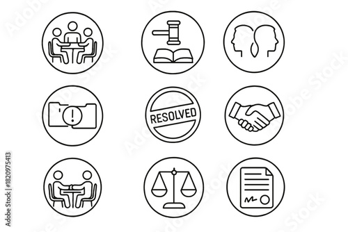 Dispute Resolution Icons. Line style round icons of dispute resolution: mediation table, arbitration icon, neutral party, dispute