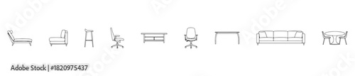 A furniture icon set featuring chairs, desks, tables, and sofas. Ideal for interior, workspace, or lifestyle visuals.