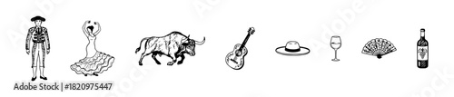 A Spanish culture icon set featuring matador, flamenco dancer, bull, guitar, wine, and fan. Perfect for heritage or travel-themed visuals.