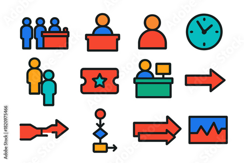 Queueing Theory Icons. Flat vector icons of queueing theory elements: waiting line, service counter, customer icon, clock, queue