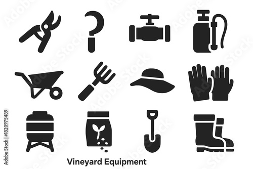 Vineyard Equipment Icons. Solid style icons of Vineyard Equipment: pruning shears, vine cutter, irrigation valve, spraying