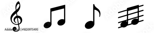 A set of musical notation icons including clefs and rhythmic notes. Ideal for music-themed visuals or educational design.