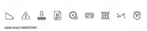 A set of icons representing financial decline, alerts, errors, and tech-related risks. Useful for business, analysis visuals.