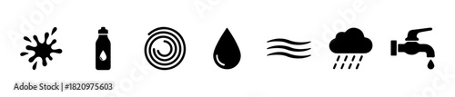 A water-themed icon set featuring droplets, bottles, rain, faucet, and splash. Ideal for hydration, weather, or eco visuals.