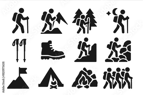 Hiking Icon Set. Solid style icons of Hiking: hiker with backpack, mountain hiker, forest hiking, desert hiking, night hiking,