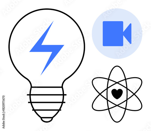 Light bulb with electric bolt, atomic structure with heart, and video icon in flat design. Ideal for innovation, energy, technology, science, creativity inspiration education. Simple flat metaphor