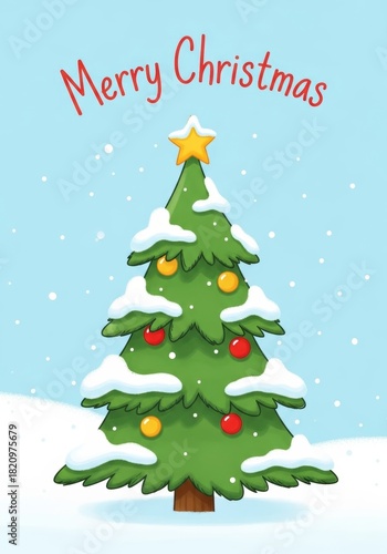 Merry Christmas greeting card – decorated Christmas tree with red and yellow ornaments, golden star, and snow-covered branches. Light blue snowy background with falling snowflakes. 