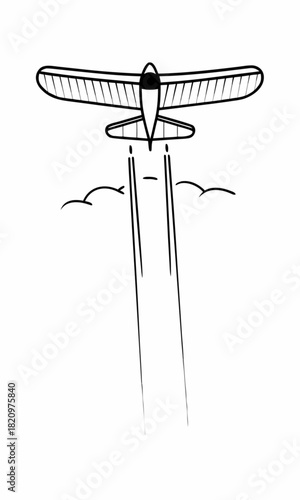 Minimalist illustration of a plane flying upwards with trails and clouds in a simple black and white drawing vector