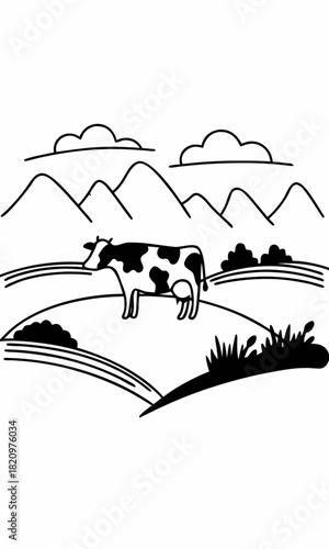 Minimalist black and white line drawing of a cow in a field with mountains and clouds in the background view vector