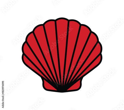 A vibrant red scallop shell symbol with black radiating lines is displayed against a clean white background, representing a journey or pilgrimage.