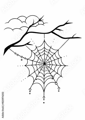 Minimalist a spiderweb hanging from a bare branch with a cloud in the background in black and white style vector