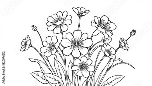 Minimalist a detailed black and white line drawing of a bouquet of flowers with leaves and buds in full bloom vector