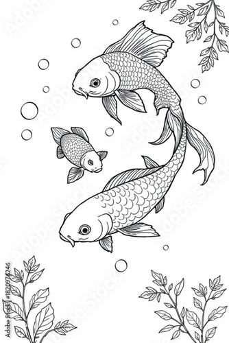 Minimalist detailed line art of three koi fish swimming among bubbles and aquatic plants in a monochrome style vector