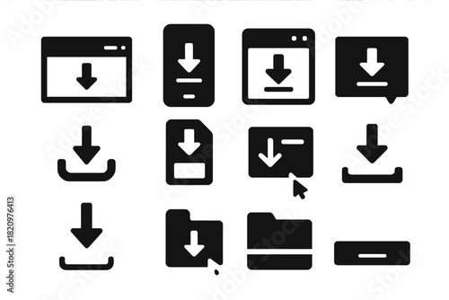 Download Interface Icons Collection. Solid style icons of download interfaces: browser download bar, mobile download icon, app