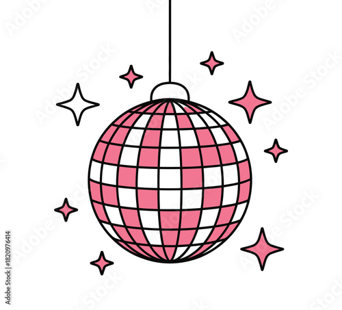 A pink and white checkered disco ball hangs suspended, surrounded by small, sparkling stars, creating a festive and celebratory atmosphere.