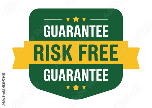 A green and yellow badge with the words GUARANTEE RISK FREE GUARANTEE prominently displayed, signifying a promise of no potential for loss or harm.