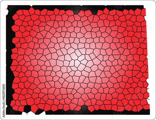 A detailed abstract background featuring a red stained glass or mosaic pattern with a strong radial gradient that brightens to a white center point. The polygonal cells are outlined in black.