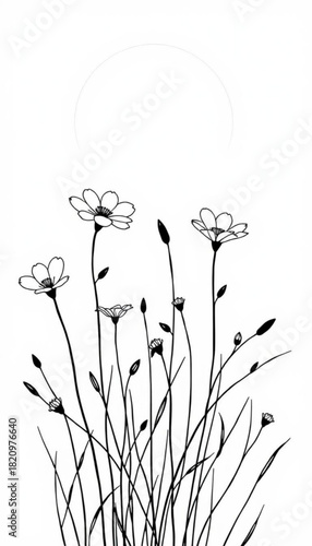 Minimalist hand drawn illustration of a group of flowers with thin stems and a circle at the top center vector