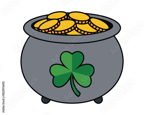 A pot of gold coins sits with a shamrock on the side, symbolizing good luck and fortune.