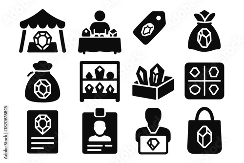 Crystal Market Icons. Solid style icons of Crystal market and trade: gem show tent, vendor table, price tag, wrapped specimen,