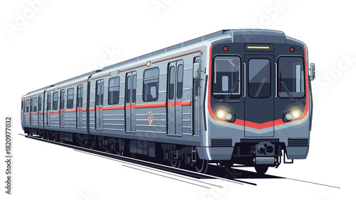 A pixel art illustration of a gray and red train with illuminated headlights