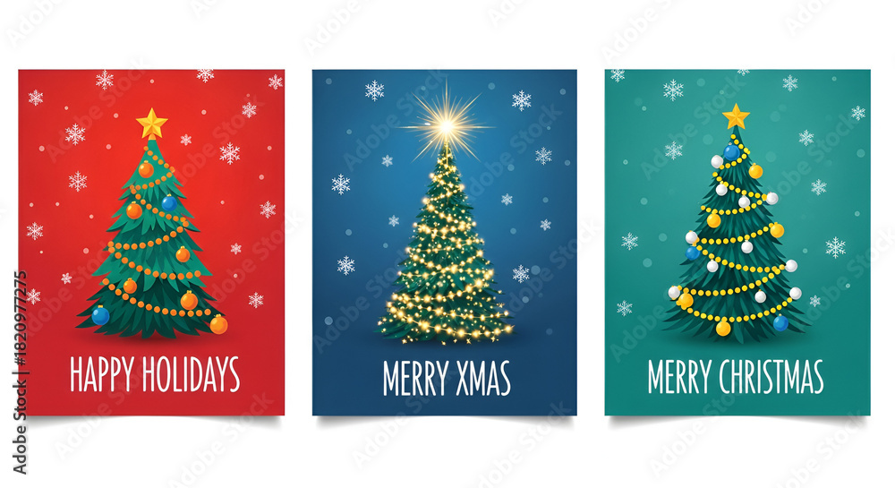 Fototapeta premium Vector Set of Merry Christmas greeting card. Trendy design with Christmas tree decorations, gifts, snowflakes, stars. Handmade drawing vector illustration. 