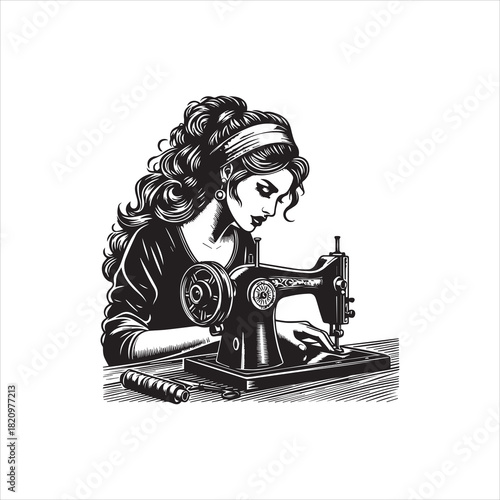 Monochrome drawing of a skilled seamstress using a retro sewing machine, a detailed vector logo illustration
