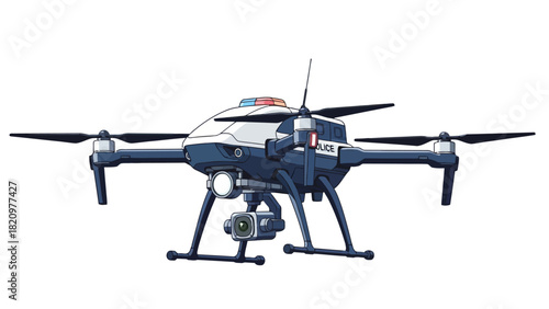 A police drone with blue and white body red and blue lights on top and camera below