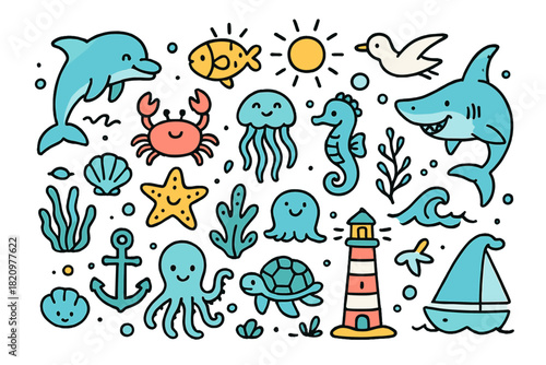 Collection of sea creatures and boats, including a shark, a crab, a jellyfish
