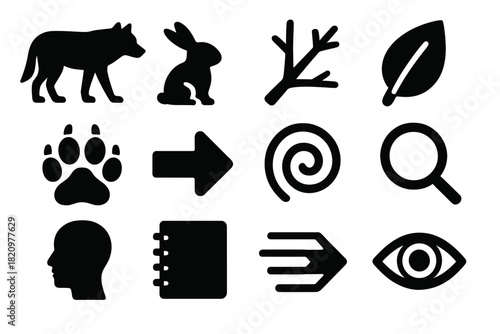 Ecological Icons. Solid style icons of ecological challenges shaping cognition: predator silhouette, prey silhouette, branch, leaf