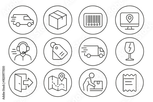 Delivery Icon Set. Line style round icons of delivery & shipping: delivery van, shipping box, barcode icon, tracking number;