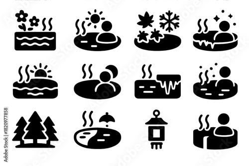 Seasonal Springs Icons. Solid style icons of Seasonal Springs: spring bloom bath, summer soak, autumn leaves pool, winter snow