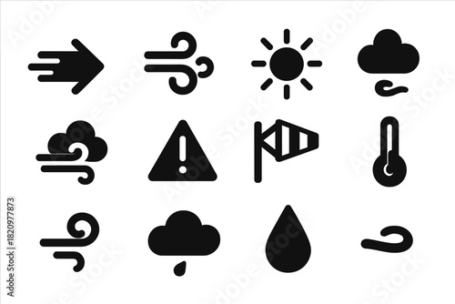 Wind Icons Collection. Solid style icons of Wind and weather conditions: gust arrow, swirling wind, cloud puff, sunny sky, light