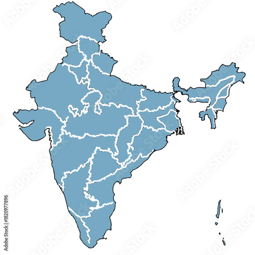 solid blue silhouette map of India, showing the country’s outline with internal state borders in white lines. It includes the mainland, the northeastern states, and the Andaman and Nicobar Islands.